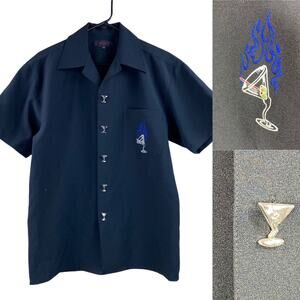 Mecca black embroidered martini cocktail themed button front shirt size S